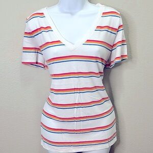 PINK Victoria's Secret Size L White Rainbow Striped T-Shirt Short Sleeve Tee